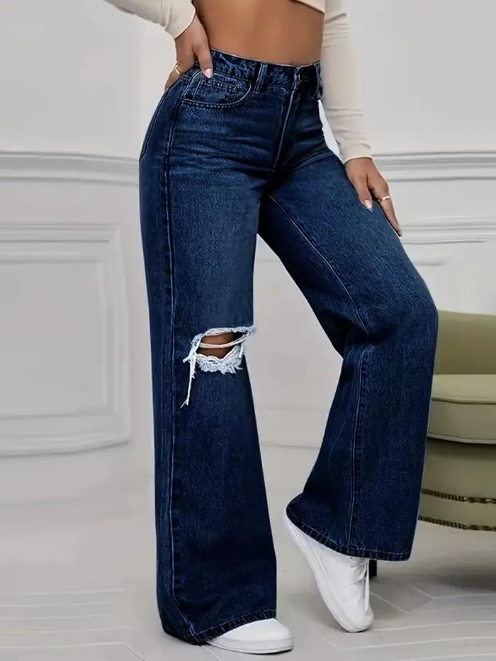Burques déchirées femmes jean taille haute droite Baggy jambe large Denim pantalon traînant vêtements de rue