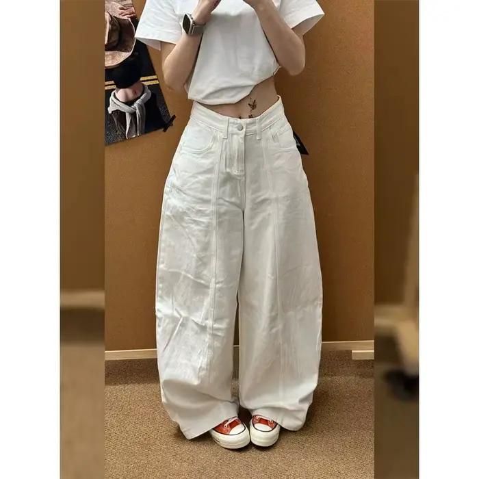Jean blanc ample femme style streetwear pantalon baggy confortable printemps automne occaions décontractées