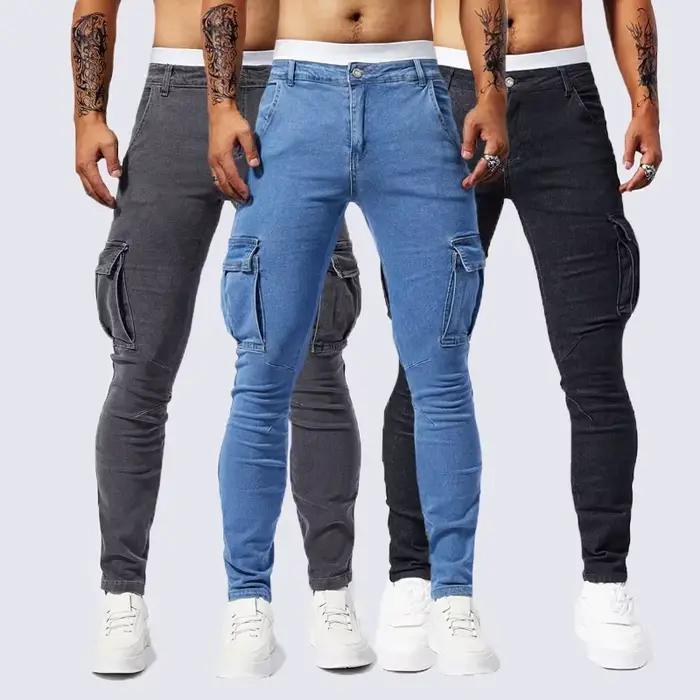 Slim Fit grande poche jean Cargo pantalon pour hommes à la mode décontracté Hip Hop Stretch Denim pantalons longs mâle