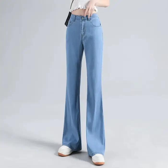 Loycell bleu ciel glace soie botte coupe pantalon 2025 été mode décontracté taille haute mince Simple polyvalent Micro évasé femmes jean