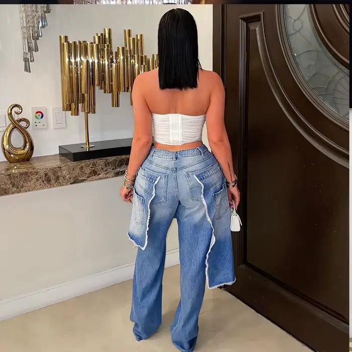 Hip Hop déchiré jean pantalon extensible Sexy femmes taille haute élégant Patchwork Denim