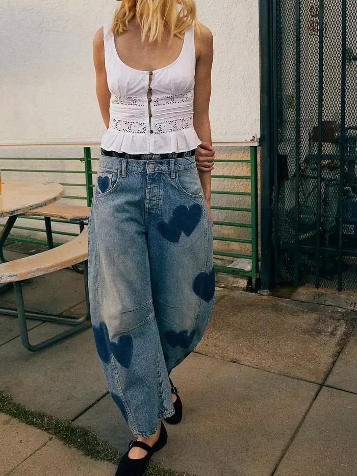 Jean femme imprimé pantalon Long décontracté ample Denim bleu maman coeur taille moyenne jambe large pantalon poche bouton Y2k épissure 2025