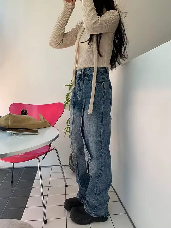 Jean à jambe droite au design irrégulier avec un look de pantalon à jambes larges vintage pour papa de style