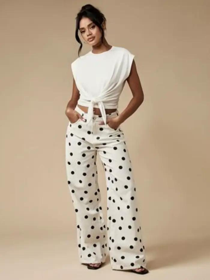 Pantalon en denim à jambes larges imprimé à pois rétro de style américain pour femmes