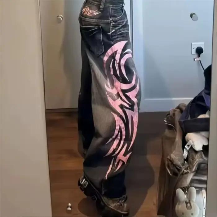 Jean Baggy Vintage Totem Imprimé Taille Haute Homme Polyvalent Style Militaire Harajuku Faire Du Shopping Automne Hiver