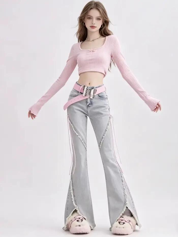 Jean taille haute pour femme, pantalon baggy droit, jambe large, design fourche en corne, denim adt, streetwear rétro, mode Harajuku, fjY2K