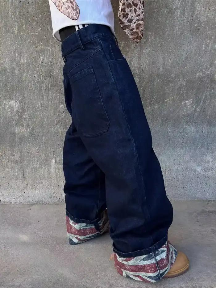 Drapeau britannique imprimé design rétro patchwork bord roulé jean pour hommes rue décontracté lavé ample jambe large