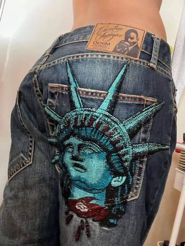 Vintage années 2000 Statue de la Liberté Jean Taille haute Baggy Pantalon