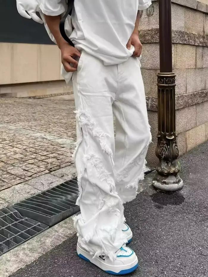 Jeans de style américain déchirés à bords bruts pour hommes