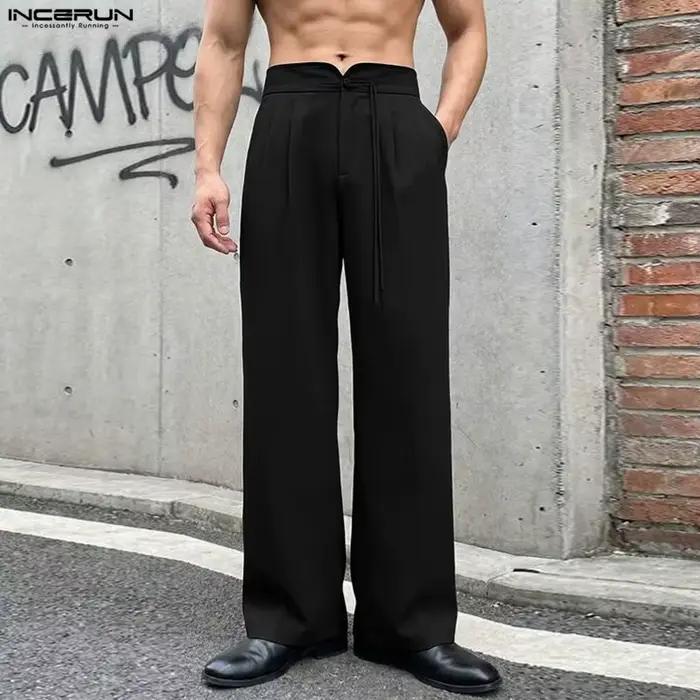 Pantalon homme INCERUN décontracté en polyester couleur unie boutonné vintage ample pour streetwear quatre saisons occasions décontractées