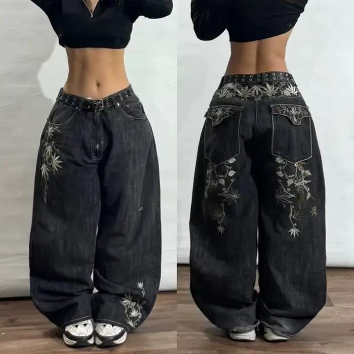 Jeans Baggy Brodés à Motifs Géométriques pour Femmes