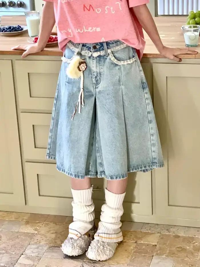 Shorts Harajuku Dentelle Femmes Été Joints Jambes Larges Denim Pantalon Grunge Y2K Japonais Streetwear Hip-Pop