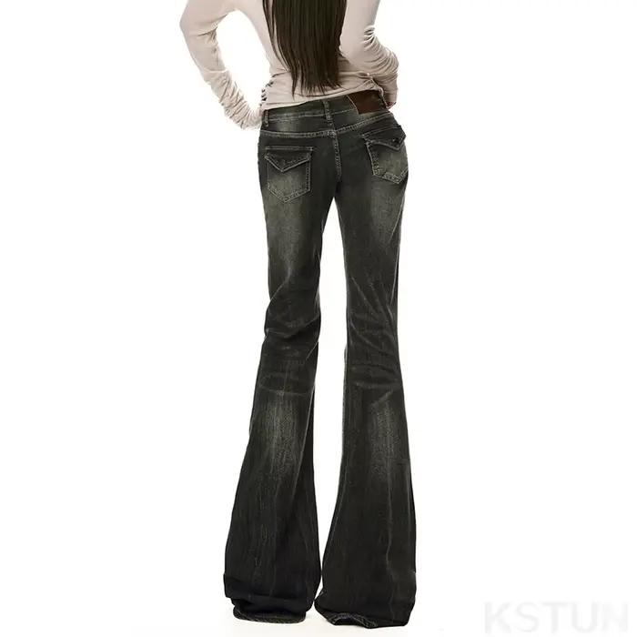KSTUN épicé fille taille basse jean gris Stretch femmes mince pantalon évasé bureau dame cloche bas