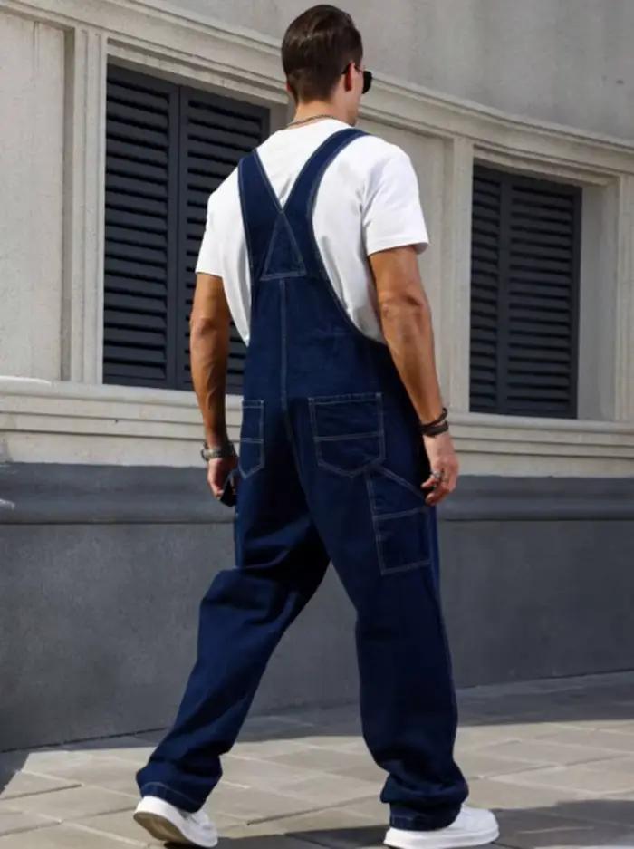 Salopette en denim bleu foncé ample pour homme sans manches ajustement lâche coupe décontractée pour quatre saisons ocassions diverses confort maximal