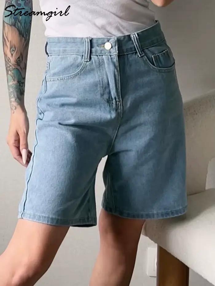 Taille haute Long Denim Shorts pour femmes été 2025 jean court droit Streetwear mince
