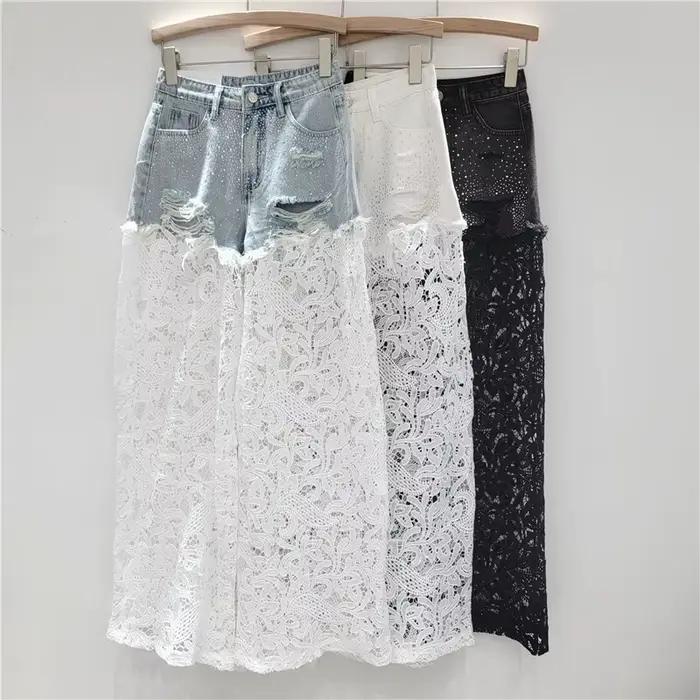 DEAT femmes jean diamants chauds trous cassés Patchwork dentelle taille haute pantalon en Denim droit 2026 nouvelle mode été 29A1333