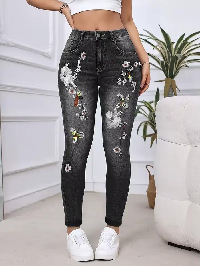 Surdimensionné printemps été automne décontracté ample jean vintage broderie florale