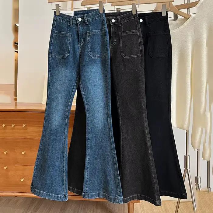 Nouveau Jean délavé taille haute pour femmes poches de Style coréen pantalon évasé en Denim mince dames Vintage Stretch