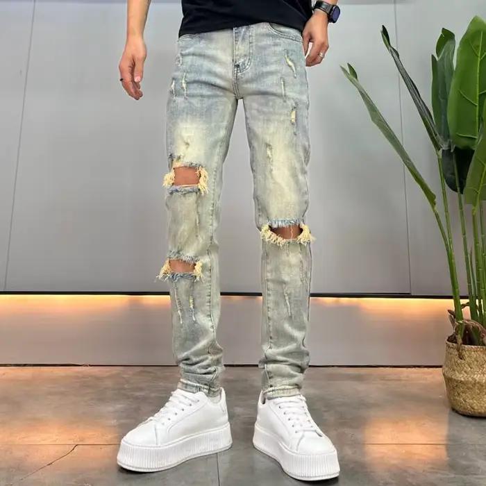 Jean déchiré aux genoux homme style rétro décontracté pour printemps automne ocasions casual