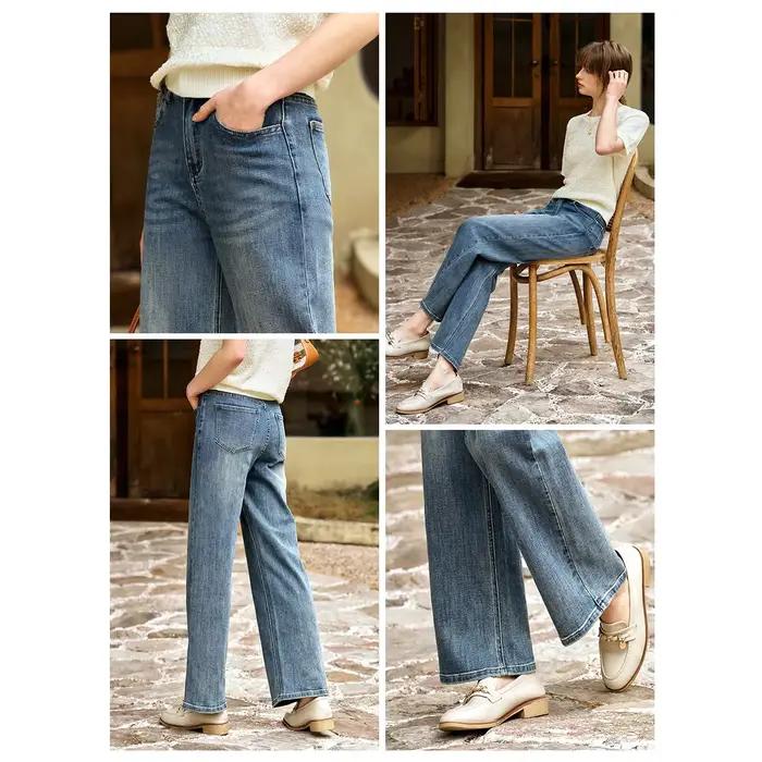 OLrain Jean large taille haute bleu clair pour femme