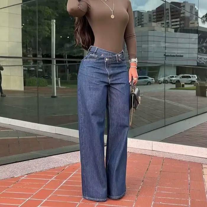 Femme jean pantalon 2025 printemps taille haute jambe large coupe droite bleu décontracté Vintage polyvalent quotidien
