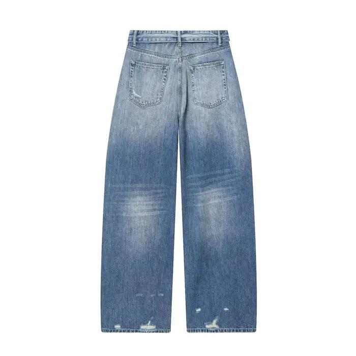 Nouvelles collections 2026 : Jean décontracté français pour femme avec détails perforés et taille mi-haute plissée