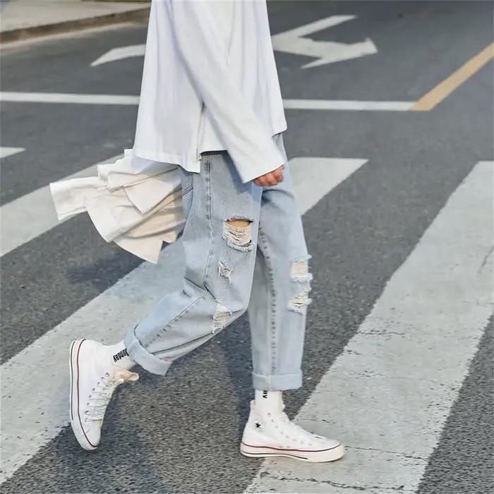 Coréen déchiré hommes jambe large jean 2025 automne nouveau Streetwear droit Baggy Denim pantalon mâle marque