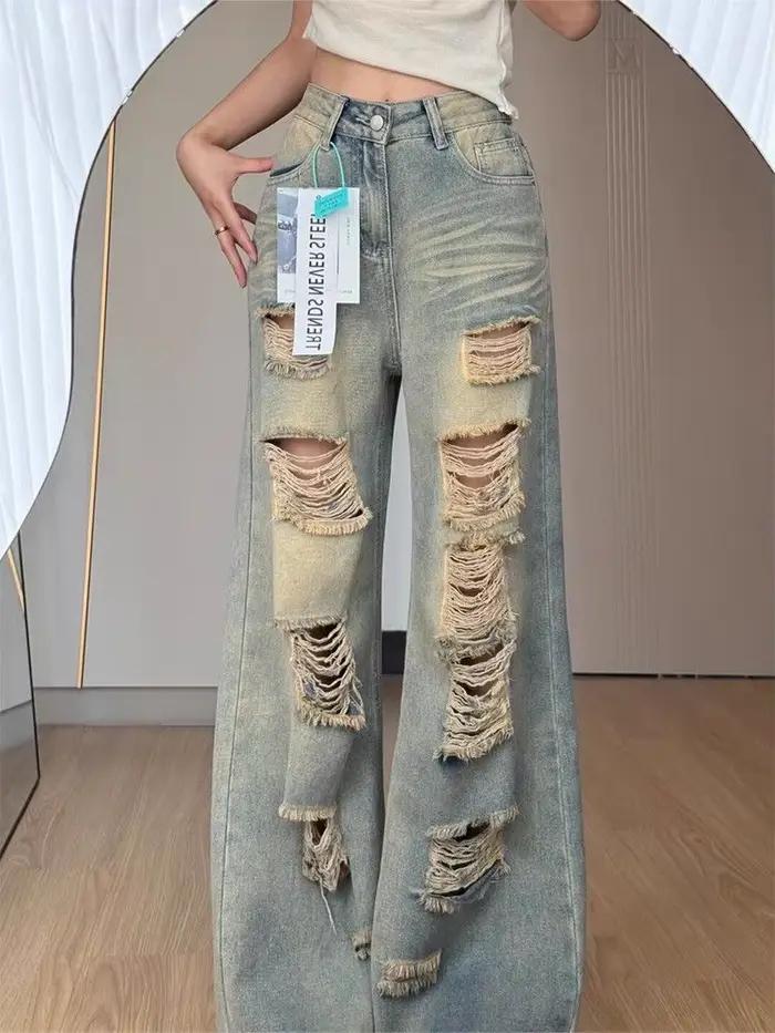 Jean droit délavé style rétro américain pour femme – Nouvelle tendance estivale