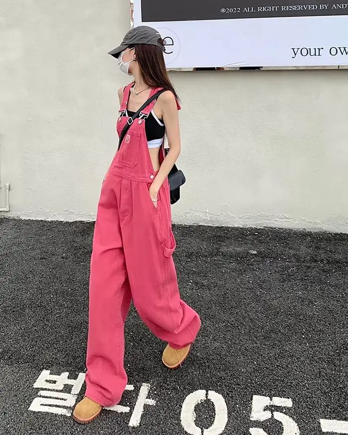 Jeans femmes 2025 été Style lâche filles rose pantalon à jambes larges combinaison coréenne décontracté denim salopette