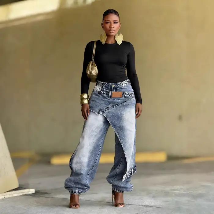 Jeans Femme Vintage Coupe Large Denim Délavé Patchwork Pantalon Droit Effet Usé Occasions Spéciales Style Streetwear