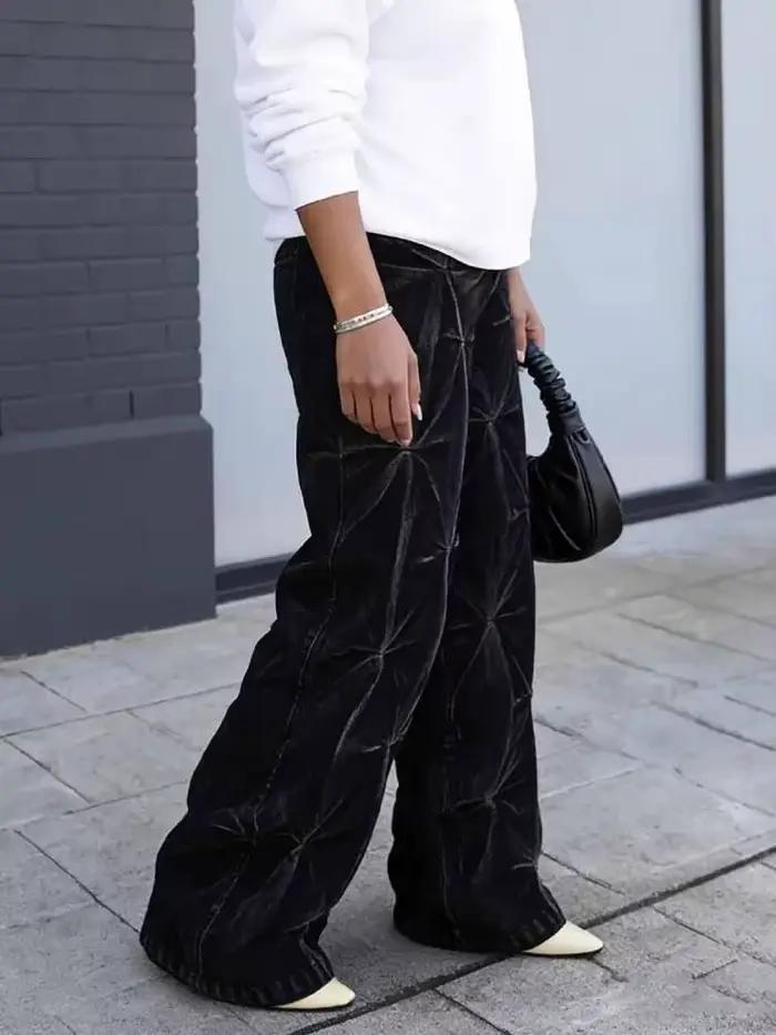 SHENGPALAE Jean en denim délavé plissé déstructuré style européen et américain pour femme