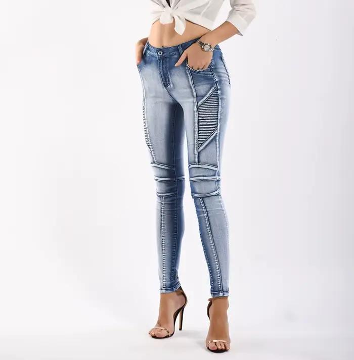 Jean femme Denim crayon pantalon Vintage en détresse lavé maigre Stretch taille moyenne poches
