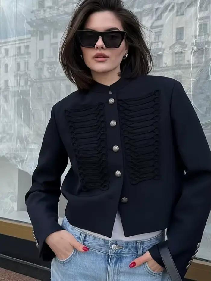 Veste courte militaire en denim rétro pour femmes, style chic et décontracté, polyvalent pour l'automne et l'hiver, vestes d'extérieur ajustées et confortables