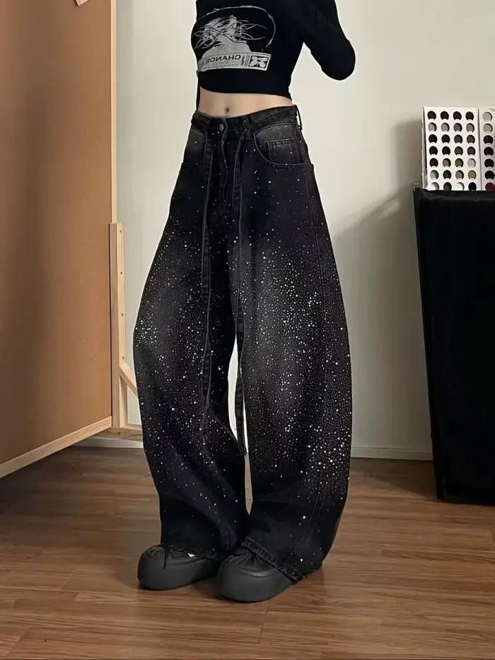 Jean en denim noir rétro américain pour femme