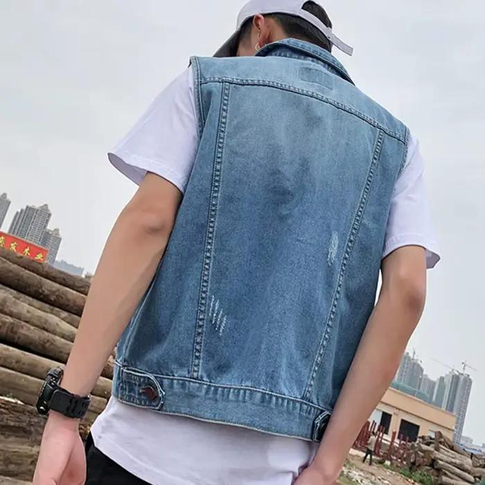 Hommes Denim gilets 2023 printemps été déchiré Long trou jean gilet mode sans manches décontracté veste d'extérieur