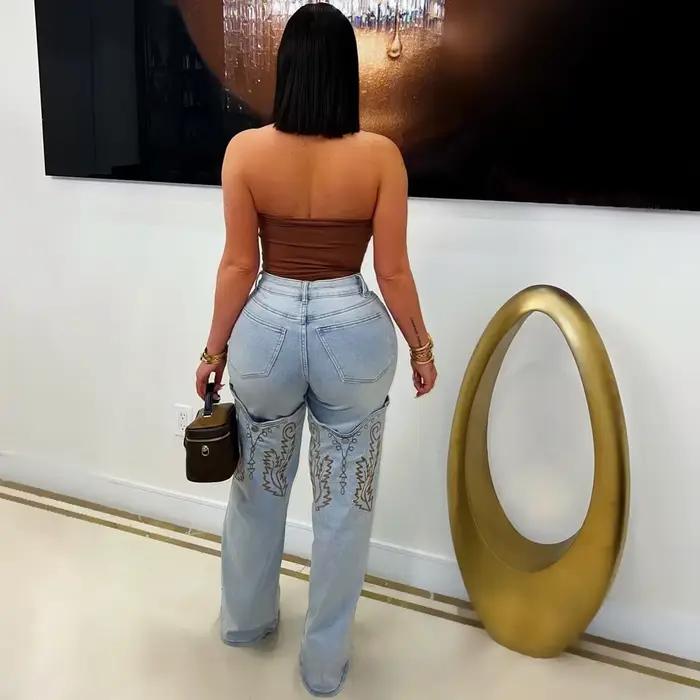 2025 été mode femme Vintage broderie Denim pantalon décontracté taille haute jambe droite Jean femmes rue vêtements