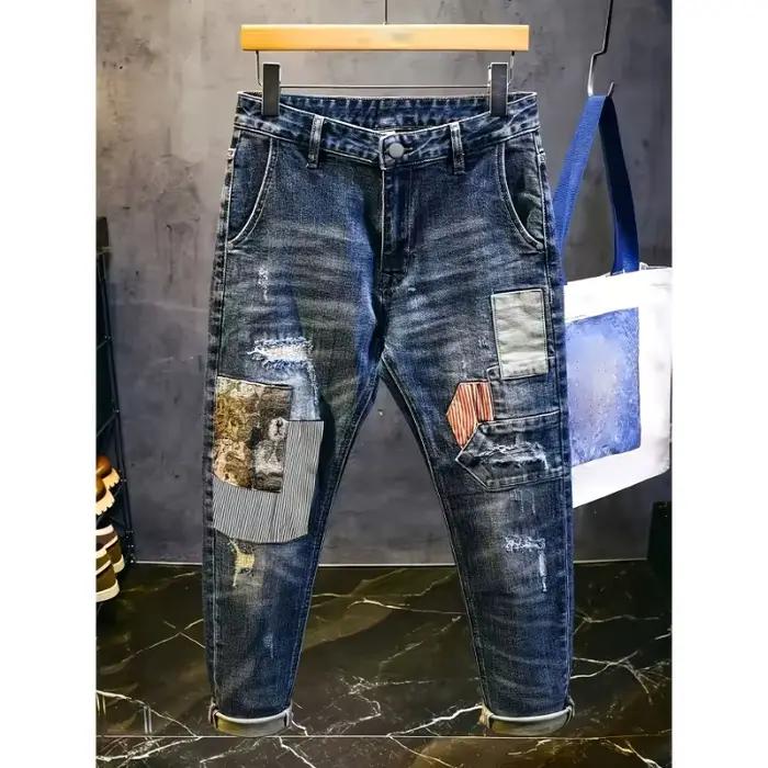 Rétro épissé Jean homme marque tendance déchiré ours Patch ample classique