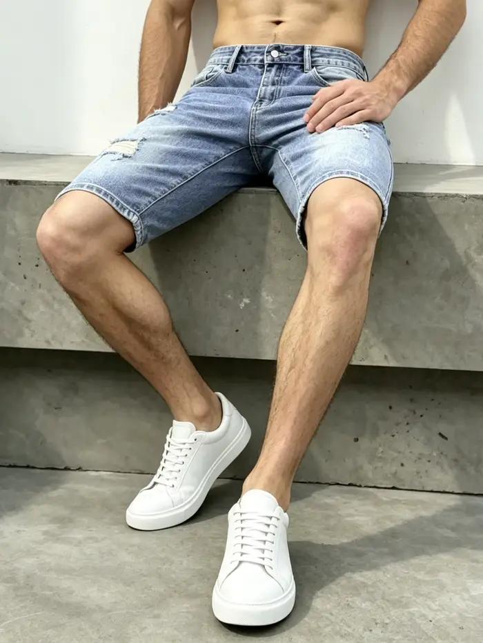 Shorts en jean décontractés pour hommes, délavage clair, déchirés aux genoux