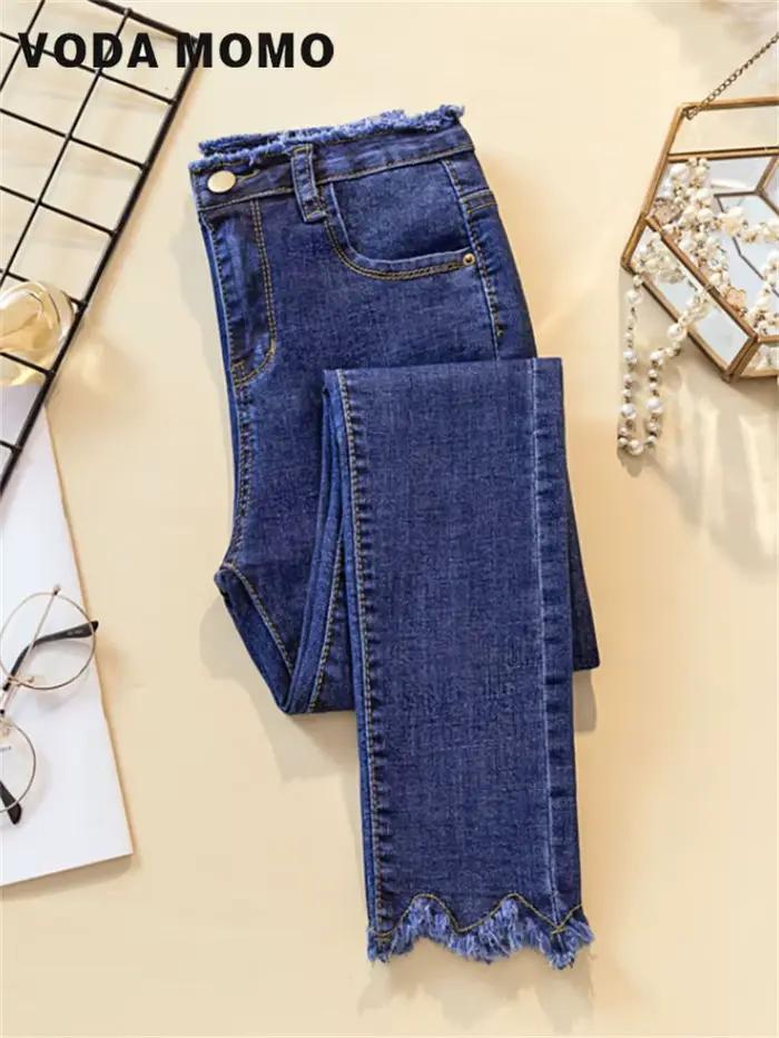 Jean en denim noir pour femmes, pantalon crayon, ajustement mince, fermeture bouton volant, matière acétate, style décontracté, pour toutes les saisons