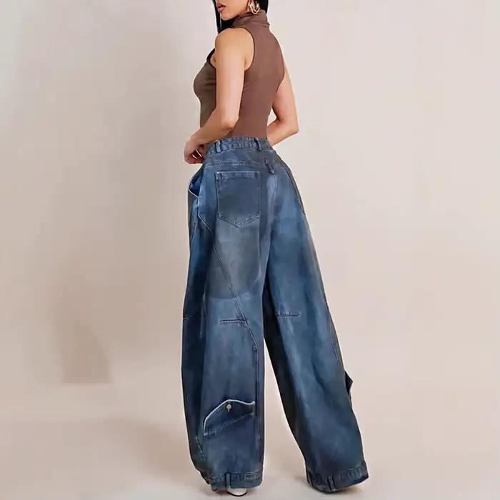 Nouveau jean décontracté rétro délavé à taille inversée pour femme