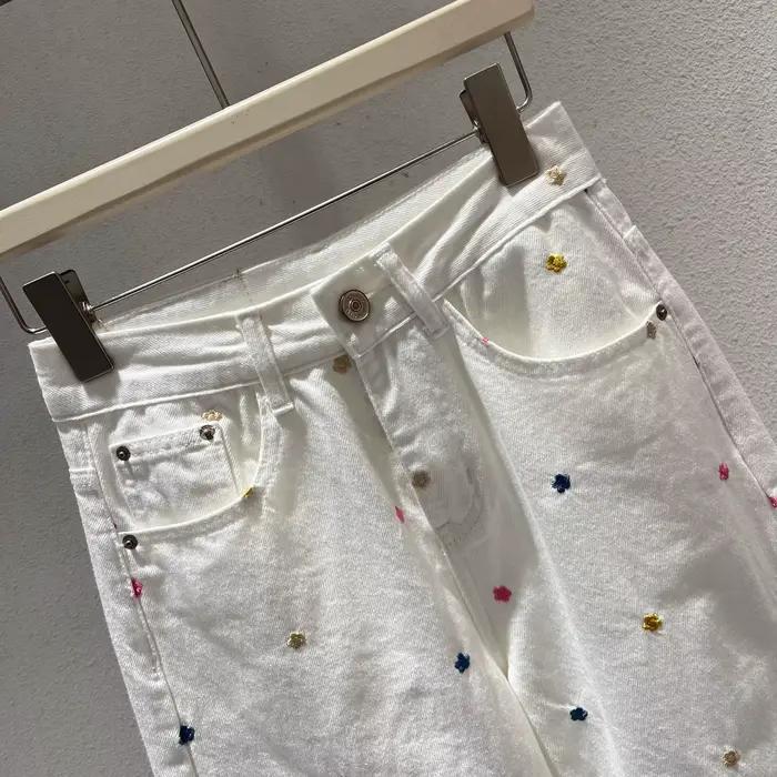 Pantalon en denim blanc pour femmes imprimé floral brodé jambes larges taille haute printemps automne casual chic