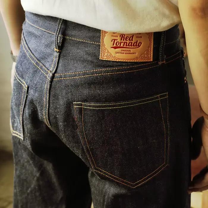 55501 Red Tornado Super qualité Indigo lisière pantalon non lavé coupe ample non sanforisé Jean en Denim brut 14oz