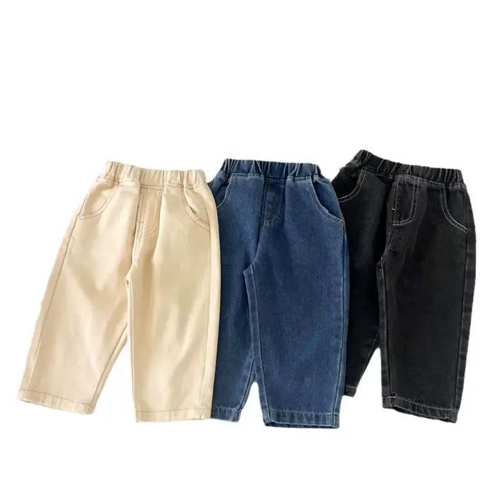 Jeans unis sans entrejambe pour garçons et filles, pantalons polyvalents en pur coton, et pantalons longs tendance pour le printemps et l'automne