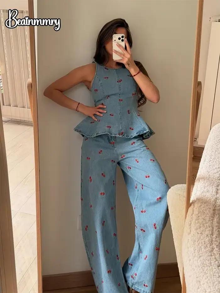 Haut court en jean imprimé en pois et pantalon à jambes larges pour femmes mode high street été 2026 occassions décontractées