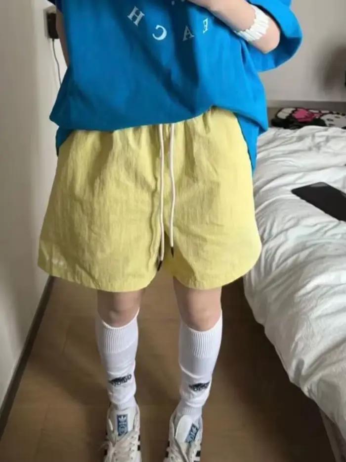 HOUZHOU Harajuku bleu Shorts pour femmes Style coréen Baggy Sport pantalons courts décontracté mode taille haute rétro