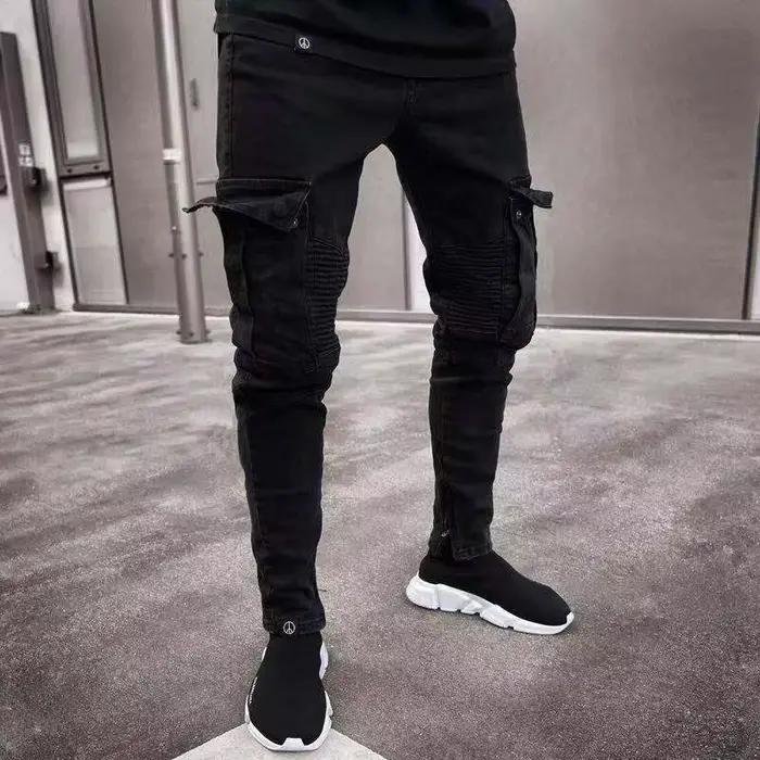 Jean stretch REVIVAL FITNESS pour homme, coupe slim, grandes poches latérales, style hip-hop, fermeture éclair, toile enduite, printemps et automne, occassions quotidiennes