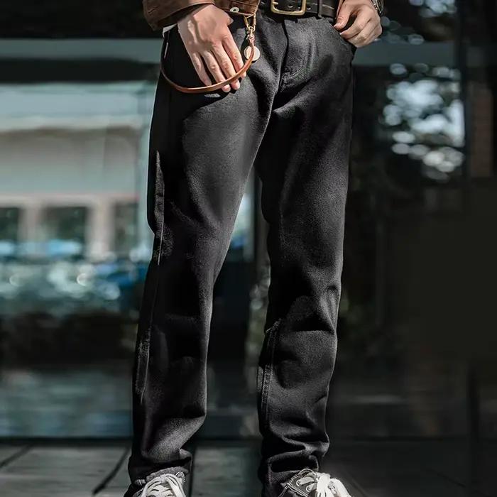 Maden hommes Vintage 12.8oz noir délavé Denim jean taille moyenne droite classique décontracté Zip mouche pantalon pour