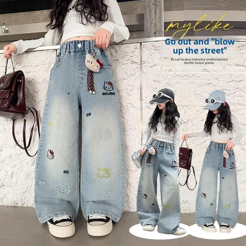 Jeans à jambes larges pour filles, printemps-automne, taille haute, pantalon long, vêtements pour en