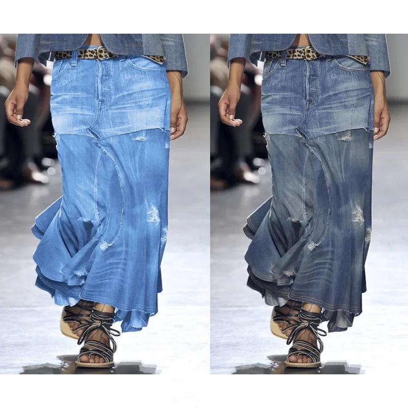 Jupe longue en jean Denim pour femme, agreLENMOS, vintage, adt, slim fit, bleu, club, streetwear, co