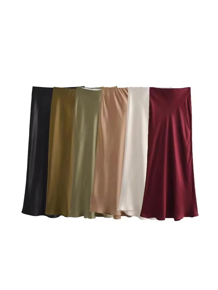Jupe mi-longue semblable à de soie pour femmes, doux au toucher, taille haute, ceinture élastique, C